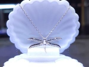 Нежно сребърно колие тип висулка стилизирано водно конче с инкрустирани камъни кубичен цирконий. Дължина на верижката по избор.Сребро 925